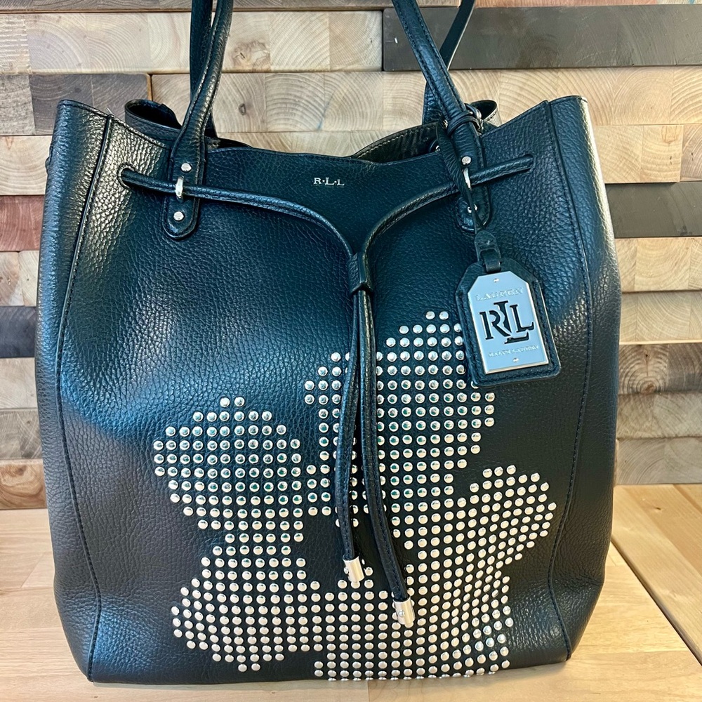 Lauren Ralph Lauren pebble black flower studded tote, EUC